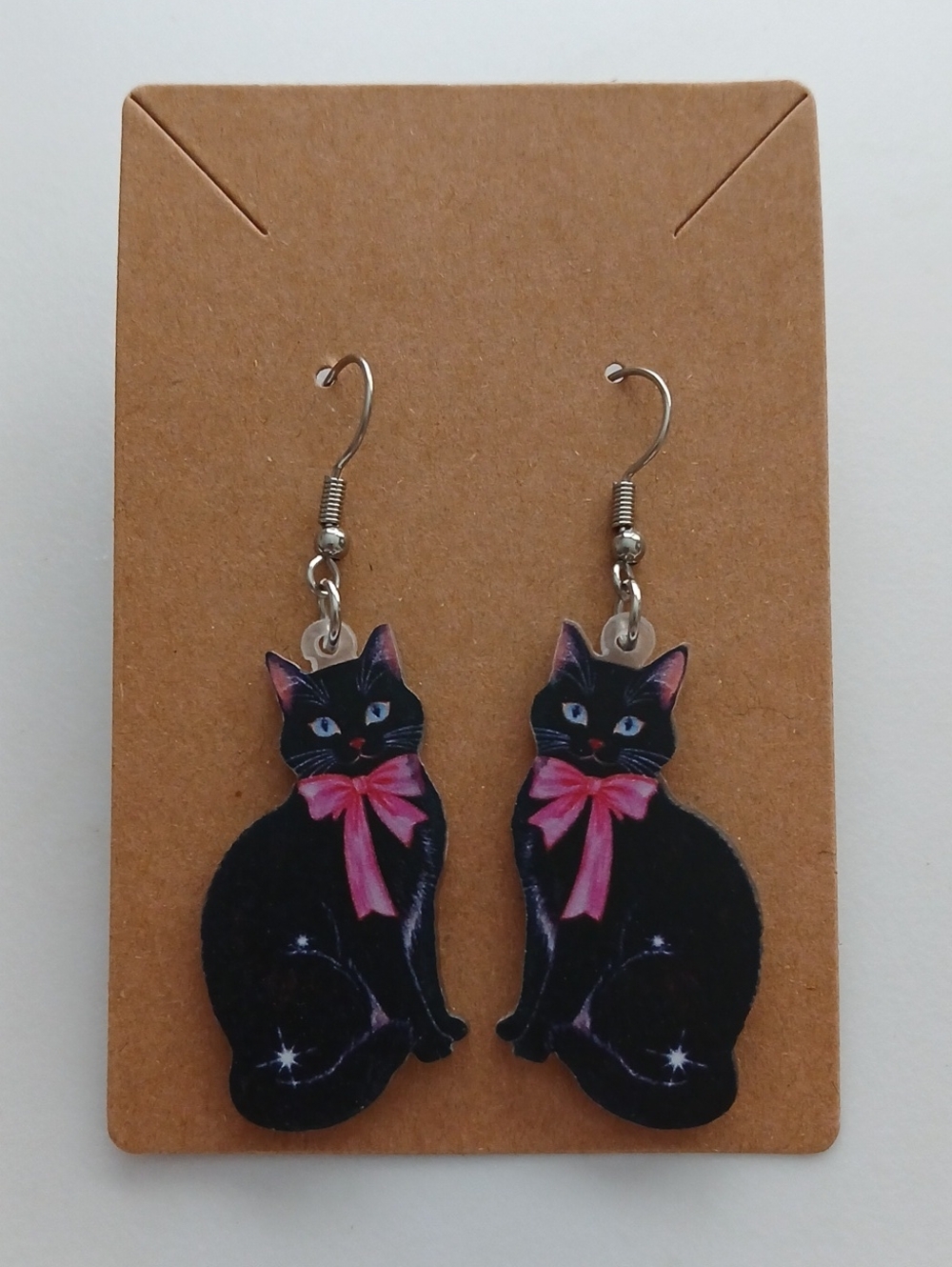 Fashion Jewelry Black Cat Dangle Earrings with Pink Bow